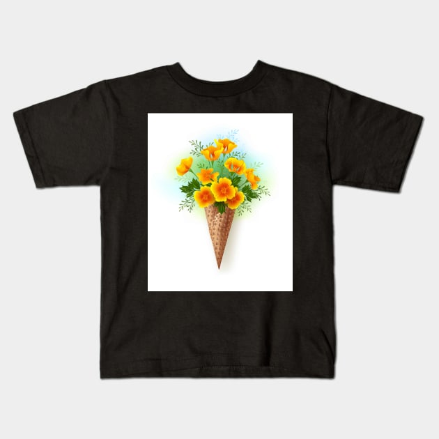 Waffle Cone with California Poppy Kids T-Shirt by Blackmoon9